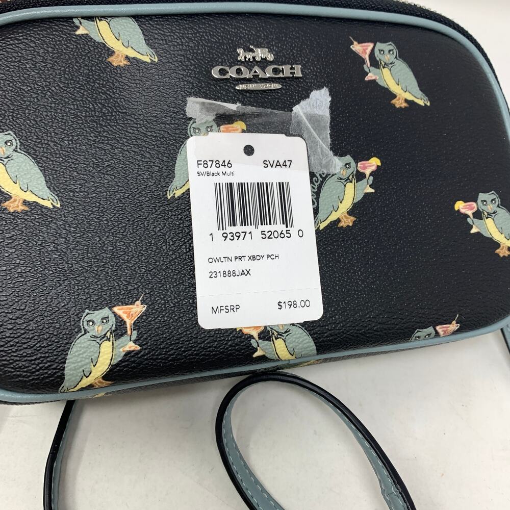 Coach Owl Toasting Martini Print Crossbody Purse Womens Black Blue Gray - Picture 7 of 7
